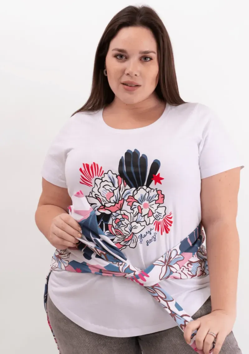 Remera de algodón escote redondo - Flores Azul & rosa Talle L - Haya Paz