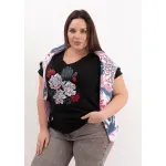Remera de algodón escote V - Flores Azul & rosa Talle M - Haya Paz