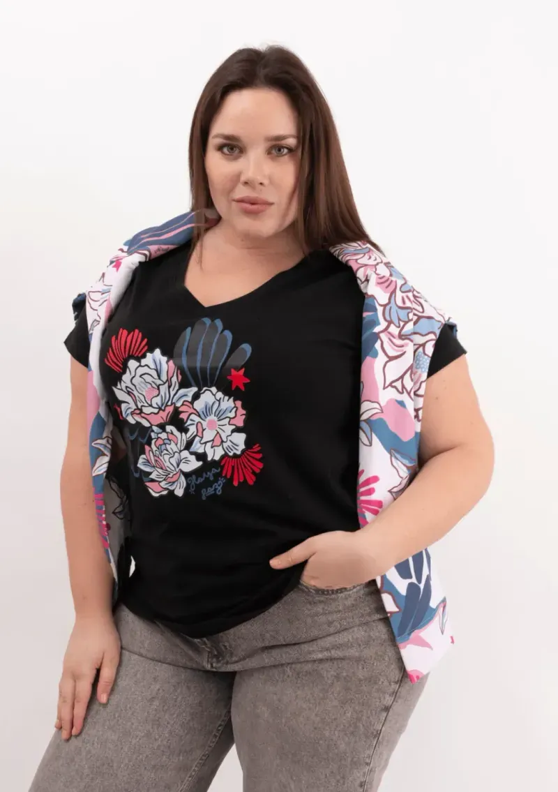 Remera de algodón escote V - Flores Azul & rosa Talle M - Haya Paz