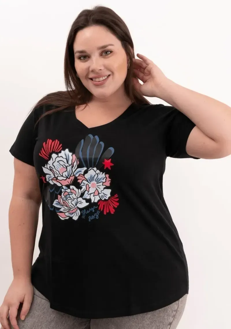Remera de algodón escote V - Flores Azul & rosa Talle M - Haya Paz