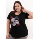 Remera de algodón escote V - Flores Azul & rosa Talle M - Haya Paz