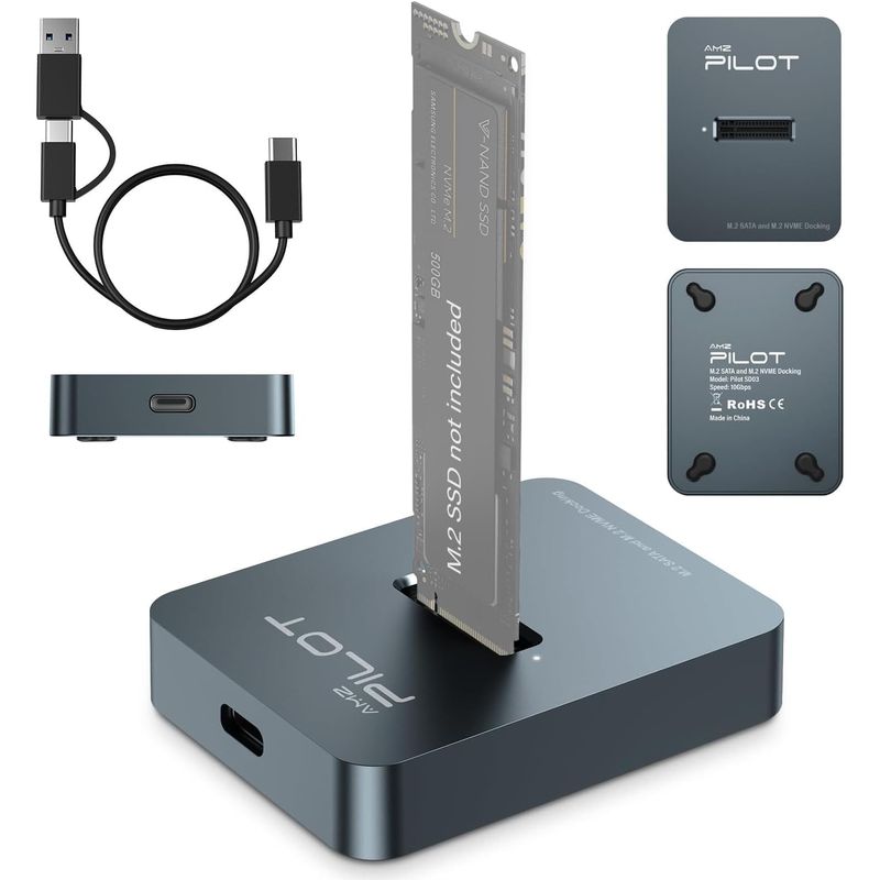Lector Adaptador SSD M.2 NVMe SATA a USB C AMZPILOT Pilot SD03 10Gbps Carcasa de Aluminio