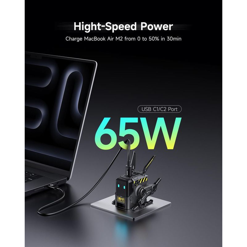 Cargador de Pared GaN GravaStar Alpha65 65W 3 Puertos 2 USB-C 1 USB-A Diseño Robot