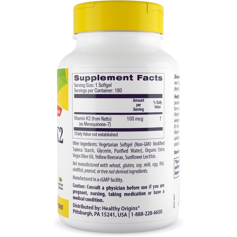 Suplemento Vitamina K2 Healthy Origins MK-7 100 mcg 180 Cápsulas Blandas