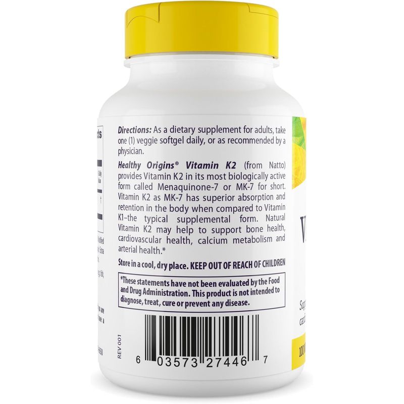 Suplemento Vitamina K2 Healthy Origins MK-7 100 mcg 180 Cápsulas Blandas
