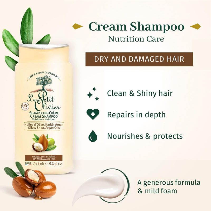Champú en Crema Nutrición Le Petit Olivier Aceites de Oliva Karité y Argán para Cabello Seco y Dañado 250 ml