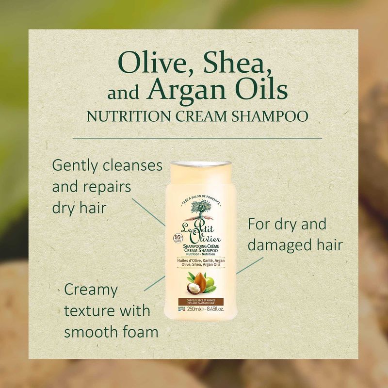Champú en Crema Nutrición Le Petit Olivier Aceites de Oliva Karité y Argán para Cabello Seco y Dañado 250 ml