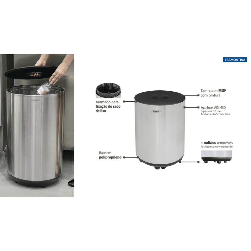 Cesto de Residuos Bella Tramontina de Acero Inoxidable Scotch Brite, Ruedas y Tapa de MDF Negro 65 l