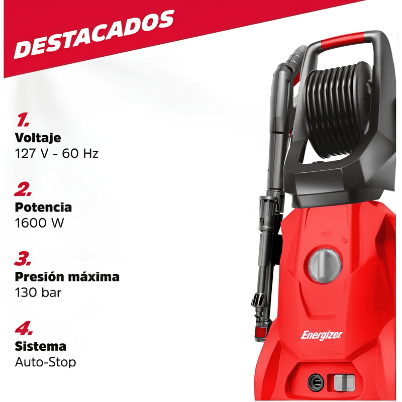 Hidrolavadora Eléctrica Energizer Alta Presión 1600w Rojo 50