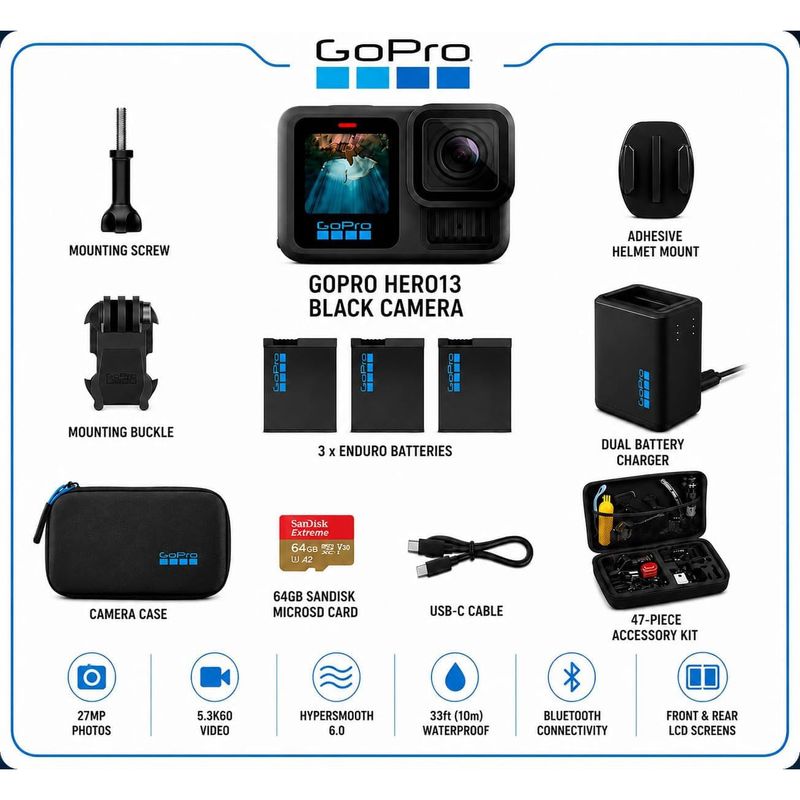 Cámara de Acción GoPro HERO13 Black 5.3K 27 MP Pantalla 2.27 Pulgadas