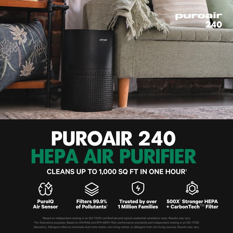 Purificador de Aire PuroAir 240 Filtro HEPA Cobertura 1000 Pies Cuadrados
