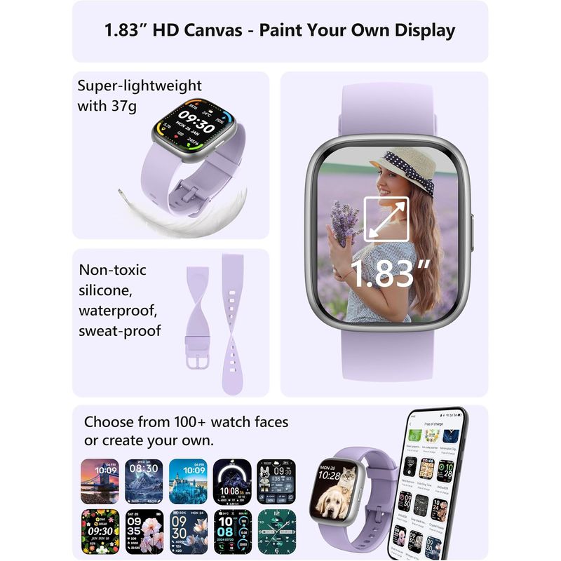 Smartwatch LODIMEKE IDW26 para Mujer Hombre Android iPhone 183 Pulgadas HD Pantalla 2 Correas Intercambiables Monitor Ritmo Cardiaco SpO2 Sueño Estrés