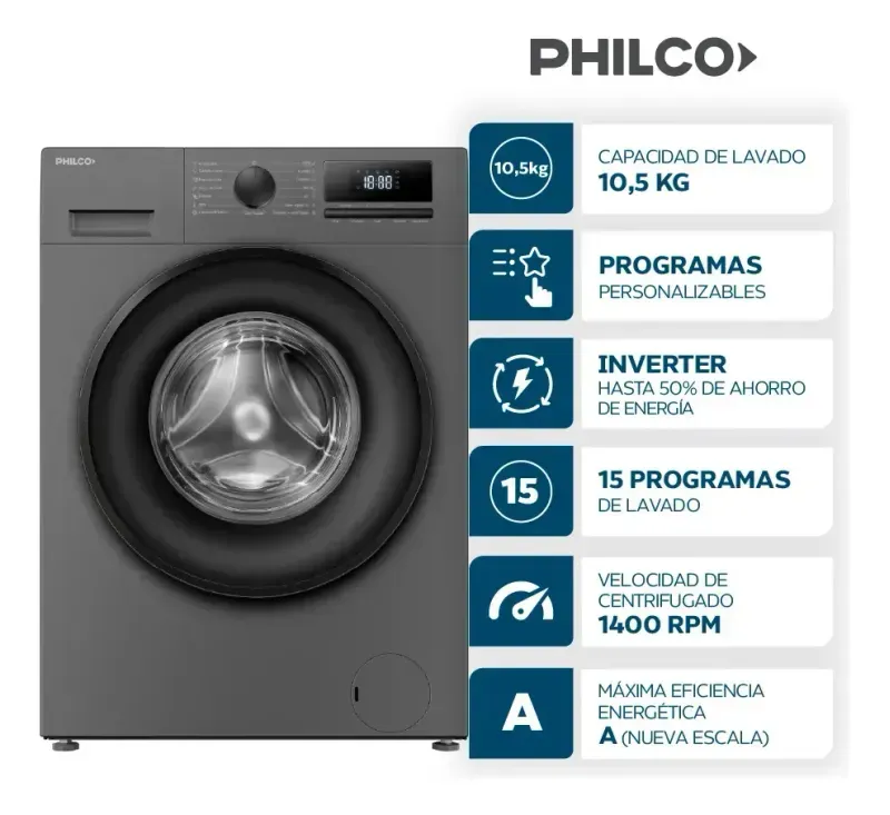 Lavasecarropas Philco PHLS1054DGN 10,5/6 kg Inverter Gris Oscuro
