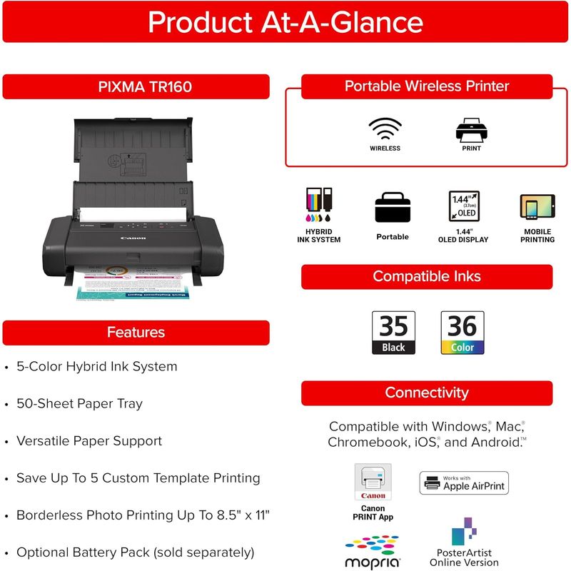 Impresora Portátil Inalámbrica Canon PIXMA TR160 Color Inyección de Tinta Pantalla OLED 1.44 Pulgadas