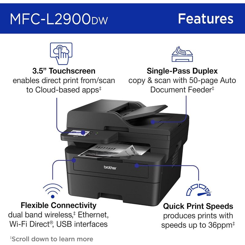Impresora Multifuncion Brother MFC L2900DW Laser Monocromatica 36 ppm Escaneo Duplex Pantalla Tactil 3.5 Pulgadas