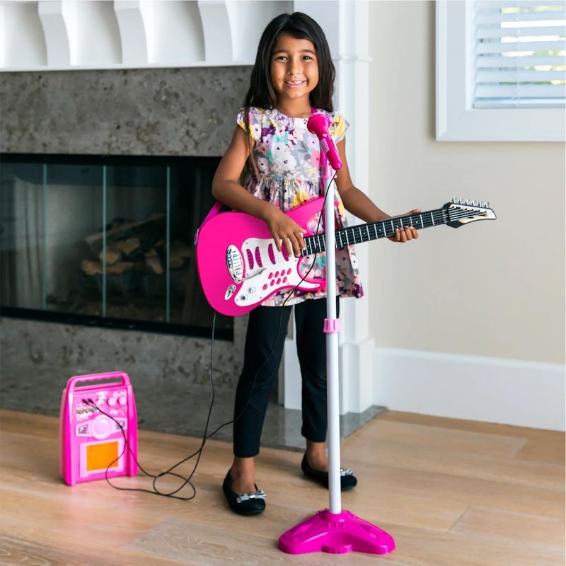 Set de Guitarra Eléctrica de Juguete Best Choice Products SKY3017 con Micrófono y Amplificador Rosa