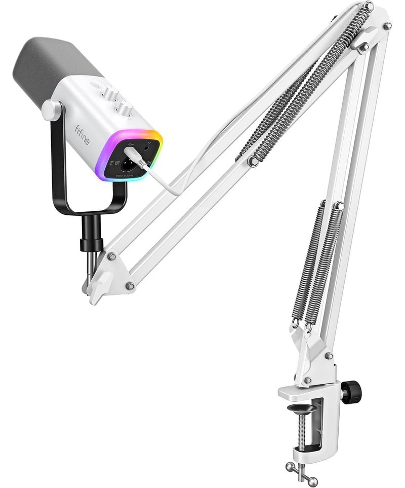 Micrófono Dinámico FIFINE AmpliGame AM8TW USB XLR con Brazo Articulado e Iluminación RGB Blanco
