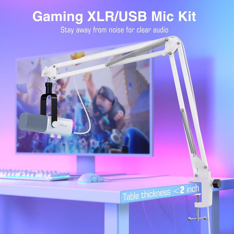 Micrófono Dinámico FIFINE AmpliGame AM8TW USB XLR con Brazo Articulado e Iluminación RGB Blanco