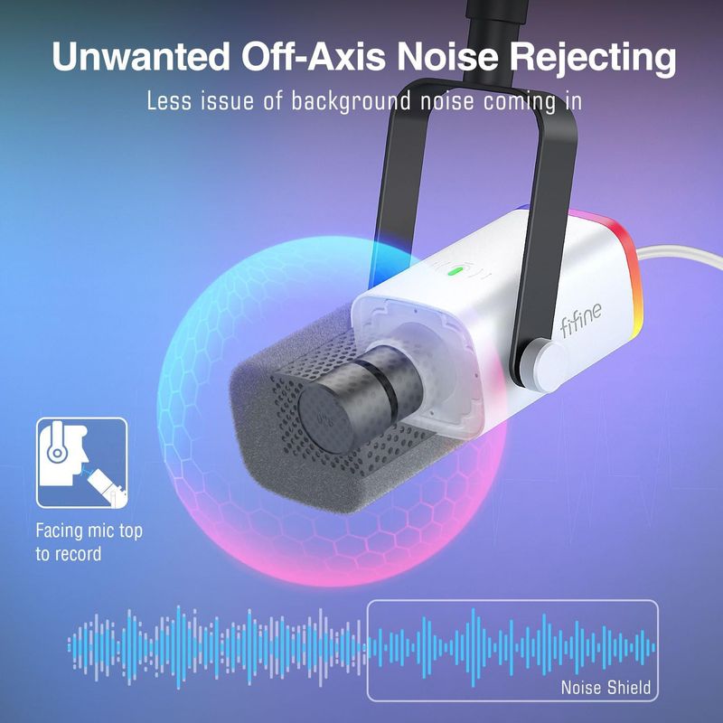 Micrófono Dinámico FIFINE AmpliGame AM8TW USB XLR con Brazo Articulado e Iluminación RGB Blanco