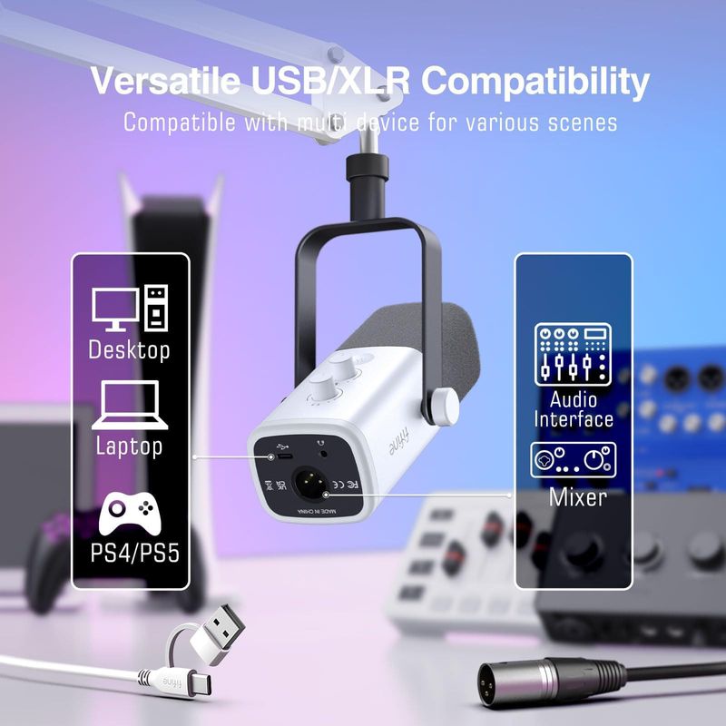 Micrófono Dinámico FIFINE AmpliGame AM8TW USB XLR con Brazo Articulado e Iluminación RGB Blanco